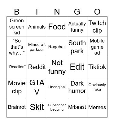 Yt shorts bingo Card