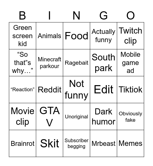 Yt shorts bingo Card