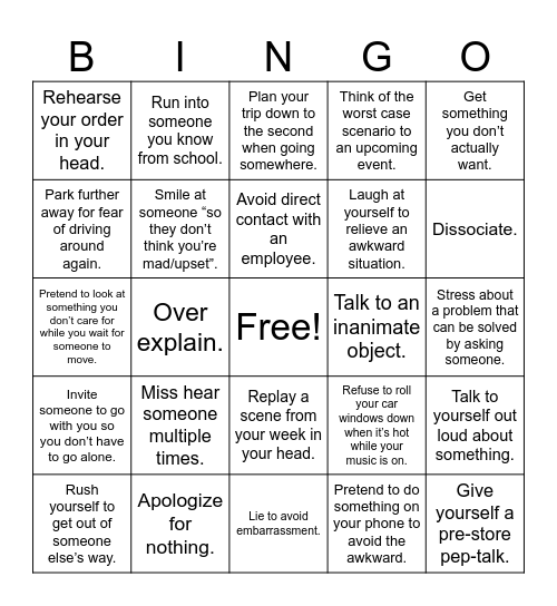 Anxiety Bingo Card