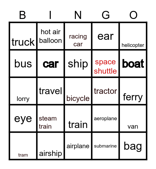 transportation no pic Bingo Card
