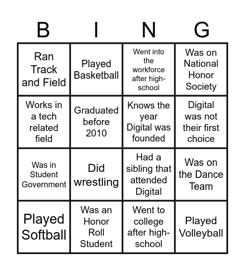 Alumni Day Bingo Card