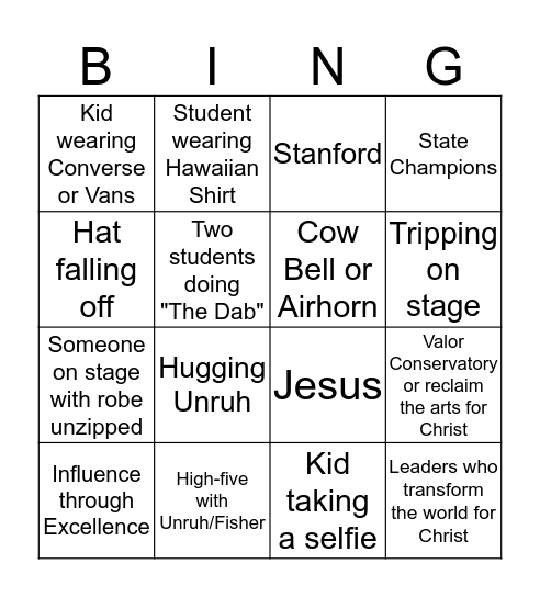 Valor Graduation Bingo Card
