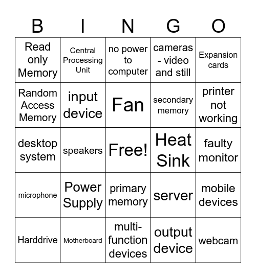 Year 11 Hardware Bingo Card