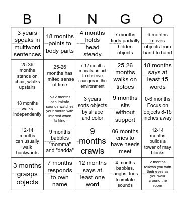Child Development Bingo Card