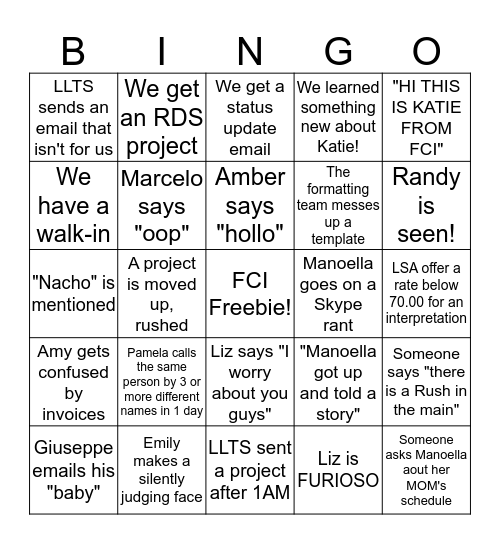 FCI Bingo Card