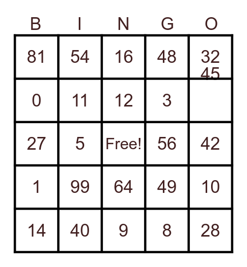 Number Facts Bingo Card