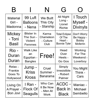 80s Hits Number 1 Bingo Card
