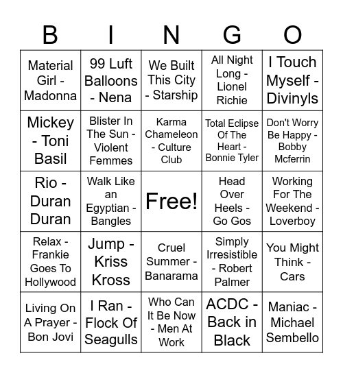 80s Hits Number 1 Bingo Card