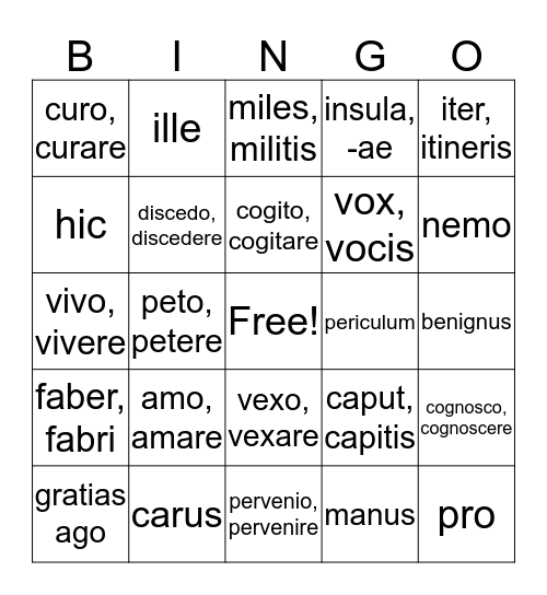 Latin vocabulary  Bingo Card