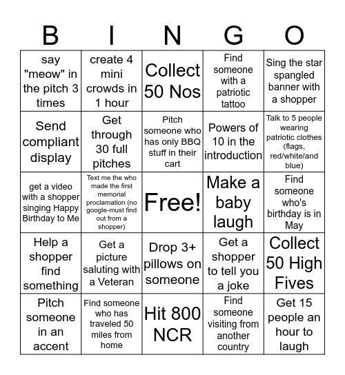 Memorial Day/Shari's bday Weekend BINGO Card