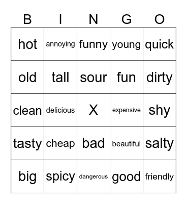 Adjectives Bingo Card