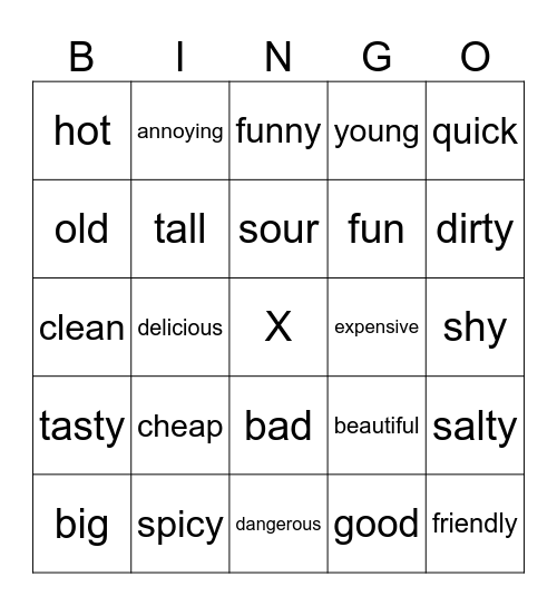 Adjectives Bingo Card