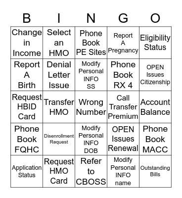 Call Center Bingo Card
