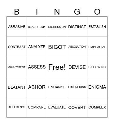 ACADEMIC VOCABULARY Bingo Card