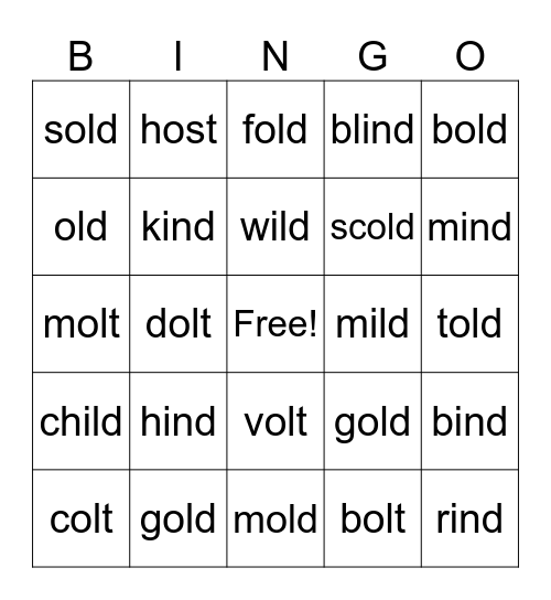 Wild Old Words Bingo Card