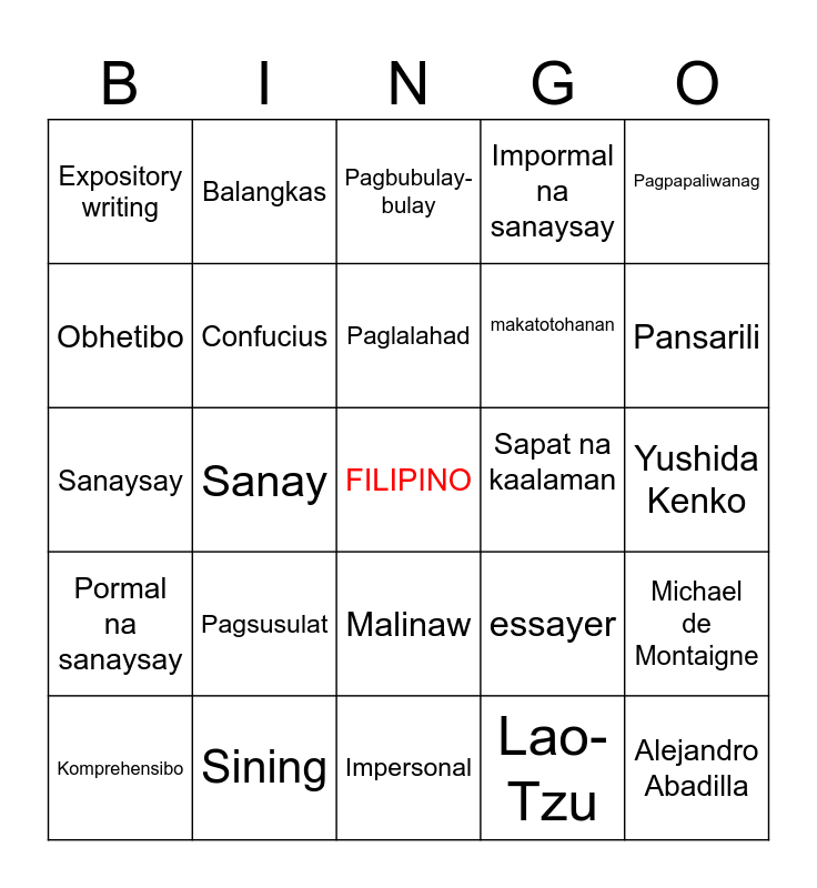 Sheet 1 Bingo Card