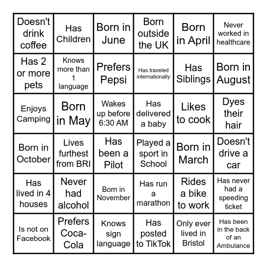 Coworker Team Building Bingo Card