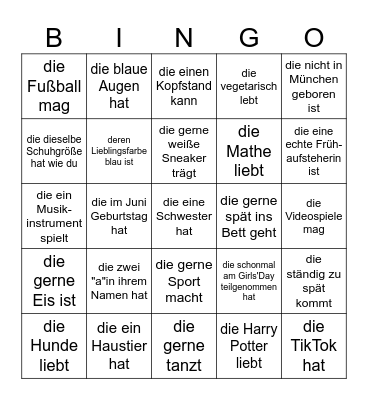Finde eine Person, Bingo Card