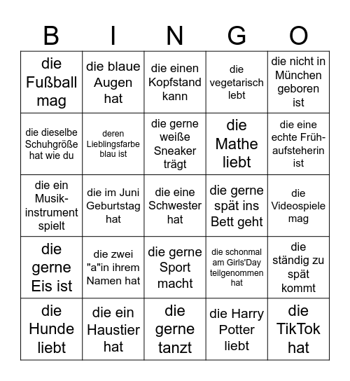 Finde eine Person, Bingo Card