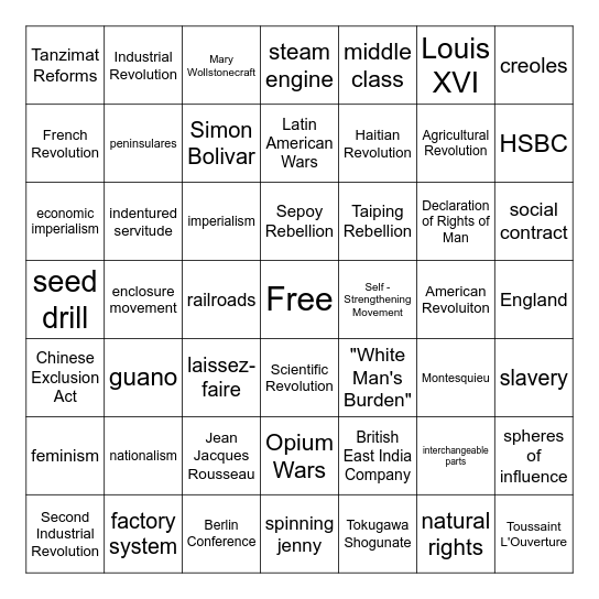 Period 3 Review (1750-1900) Bingo Card