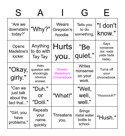 Saige's Phrases Bingo Card