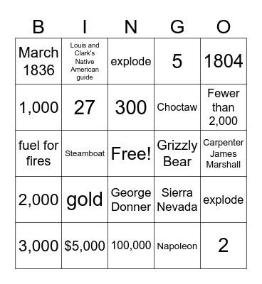 Westward Expansion: The Story of Us Bingo Card