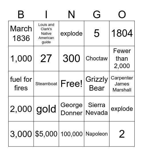 Westward Expansion: The Story of Us Bingo Card