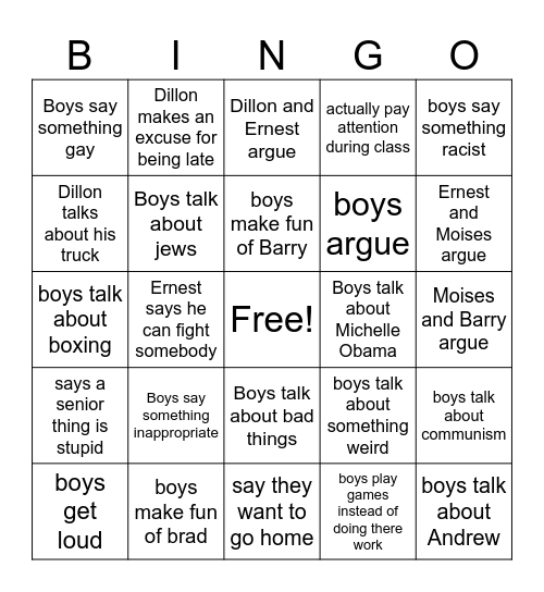 Boy Bingo Card