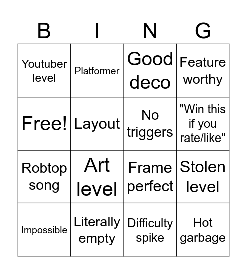 Recent tab bingo (Geometry Dash) Bingo Card