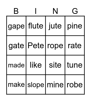 Silent E Bingo Card