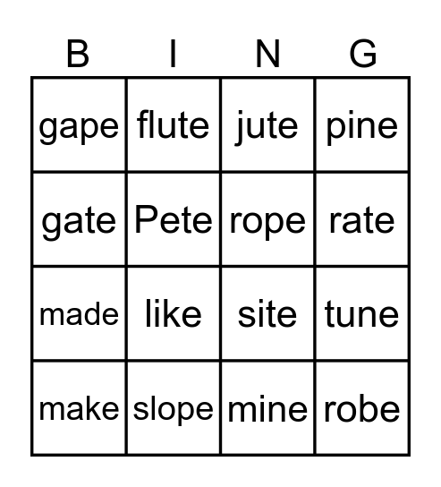 Silent E Bingo Card