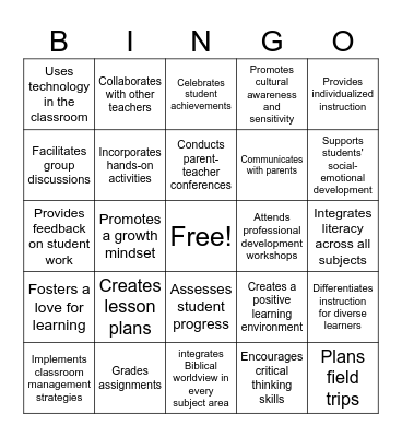 Teacher Responsibilities Bingo Card