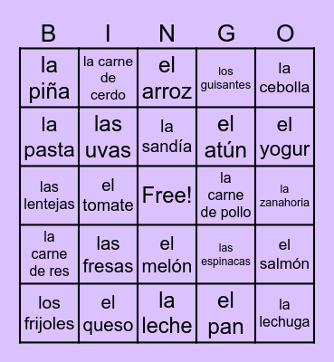 Food Bingo - SP2 / U4 Bingo Card