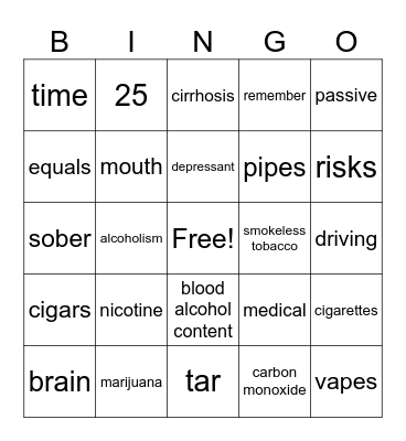 Drug & Alcohol Awareness Bingo Card