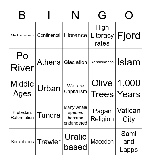 North and South Europe Bingo Card