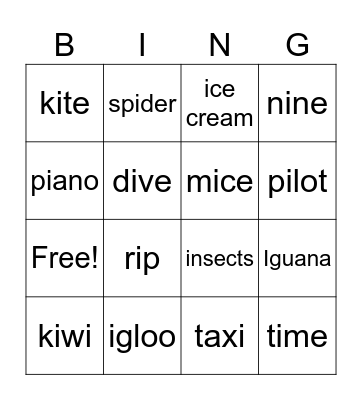 Three Sounds of I: Long, Short, and E Bingo Card