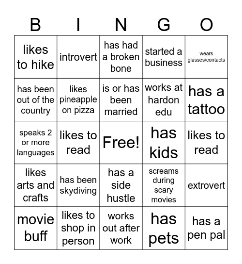 Icebreaker Bingo Card