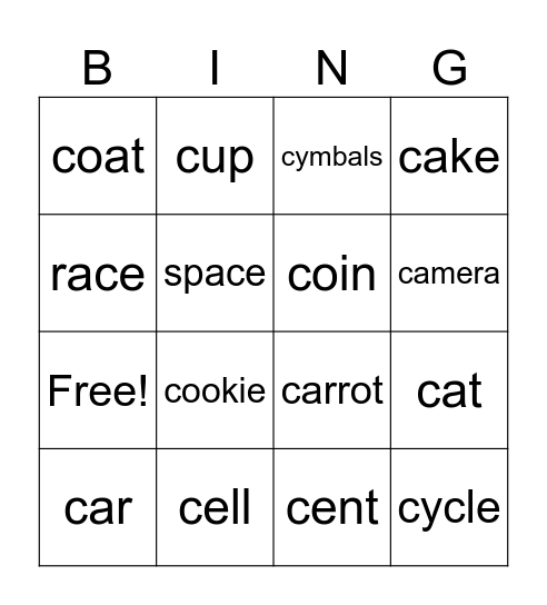 Two Sounds of C - /s/ and /k/ Bingo Card