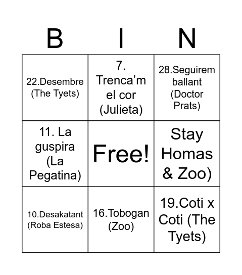 Quinto Bingo Card