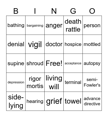 End-of-Life Care Bingo Card