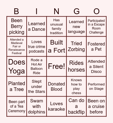 GHX Experiences Bingo Card