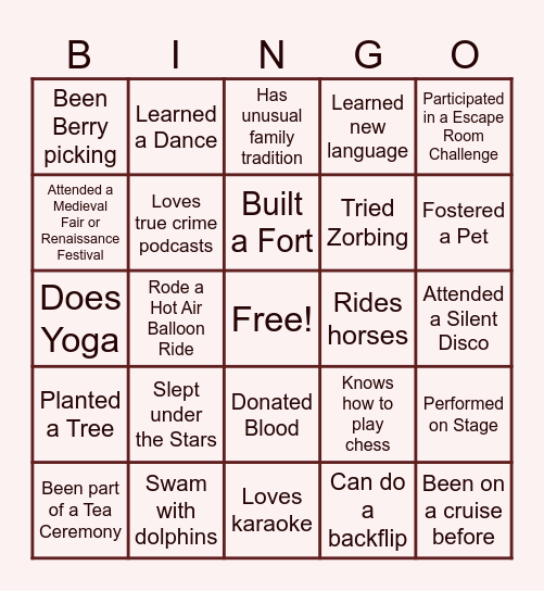 GHX Experiences Bingo Card
