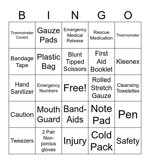 First Aid Bingo Card