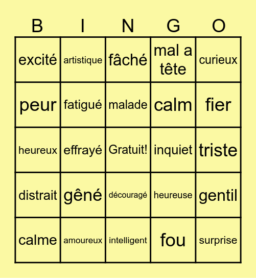 Les sentiments Bingo Card