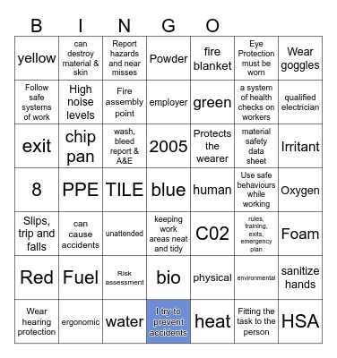 Health and Safety Bingo Card