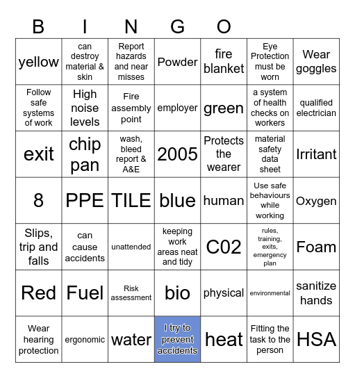 Health and Safety Bingo Card