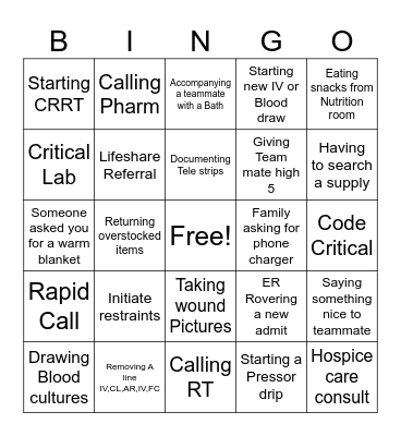 ICU Bingo Card