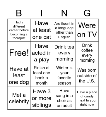 Group 104: Get to Know Each Other "BING" Bingo Card