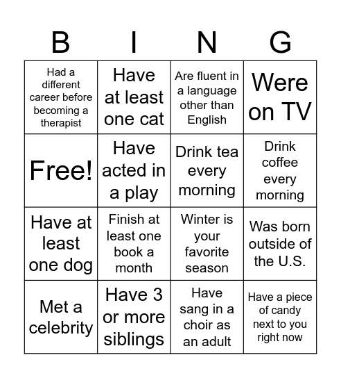 Group 104: Get to Know Each Other "BING" Bingo Card