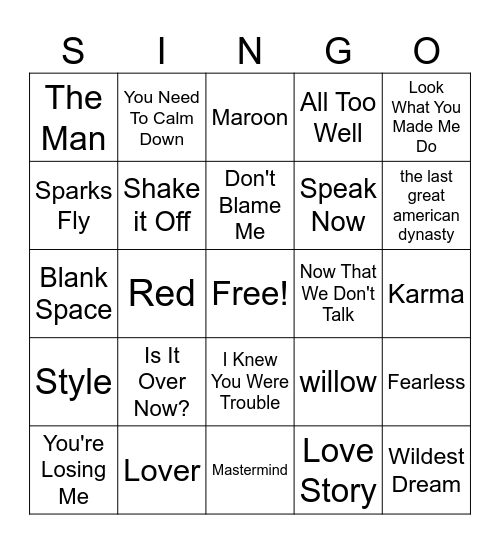 Taylor's Greatest Hits Bingo Card